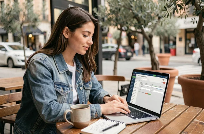 Jeune femme optimisant le contenu de son site pour le référencement naturel depuis une terrasse de café