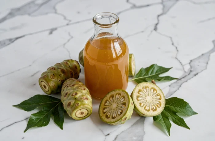 Fruits de noni mûrs et bouteille de jus de noni doré sur marbre blanc, composition éditoriale illustrant les propriétés naturelles et les bienfaits santé du noni