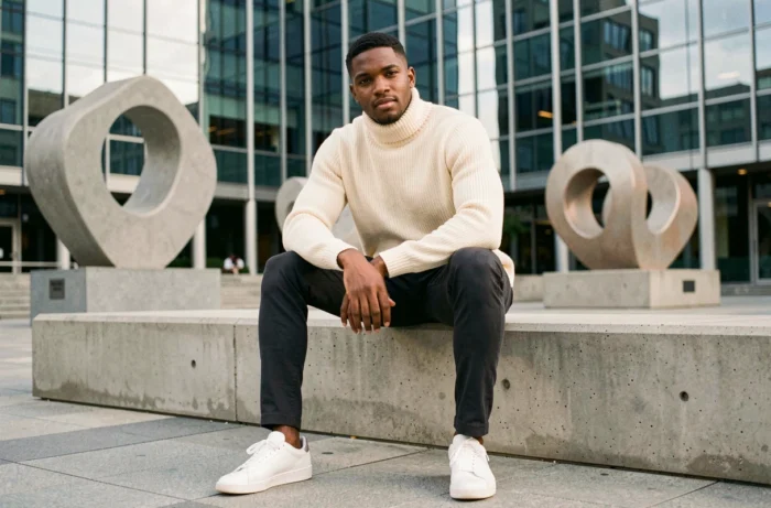 Jeune homme en tenue streetwear haut de gamme assis dans une place urbaine moderne, illustrant le profil public et la richesse estimée de GMK en 2026
