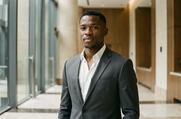 Portrait éditorial d'un jeune homme en costume gris dans le hall d'un immeuble de luxe, évoquant la fortune et le succès d'un artiste en 2026