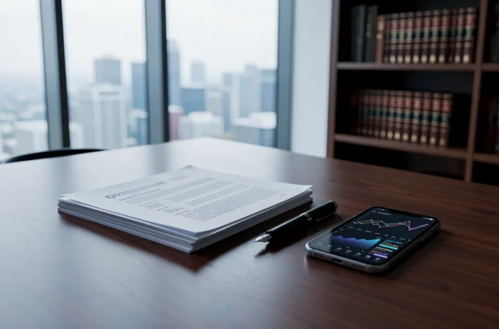 Documents financiers, stylo et smartphone sur un bureau en bois haut de gamme symbolisant l'estimation de la fortune de GMK en 2026