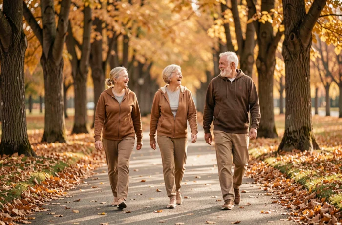 Groupe de seniors marchant ensemble dans un parc en automne, activité physique conviviale et bénéfique pour le bien-être des personnes âgées