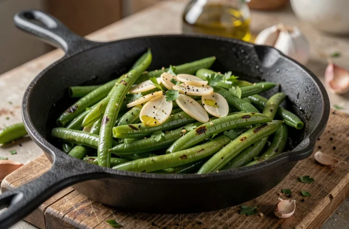 Poêle en fonte avec des haricots verts sautés à l'ail doré, brillants d'huile d'olive et parsemés de poivre