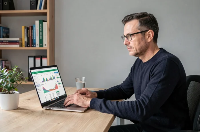 Homme consultant un tableau de budget sur ordinateur portable dans un bureau à domicile moderne