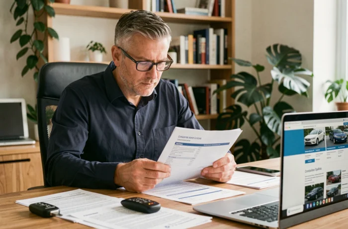 Homme comparant des contrats d'assurance automobile à son bureau avec des documents et un ordinateur portable