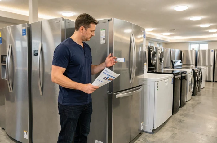 Homme comparant deux modèles de réfrigérateurs dans un magasin d'électroménager pour choisir le meilleur
