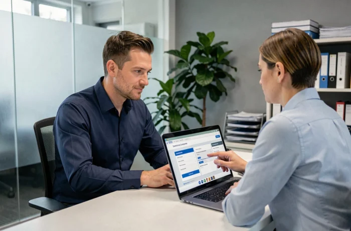 Homme consultant un conseiller en mutuelle santé dans un bureau professionnel