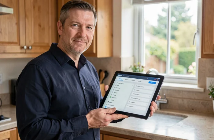 Homme consultant un plan de site sur une tablette dans une cuisine moderne