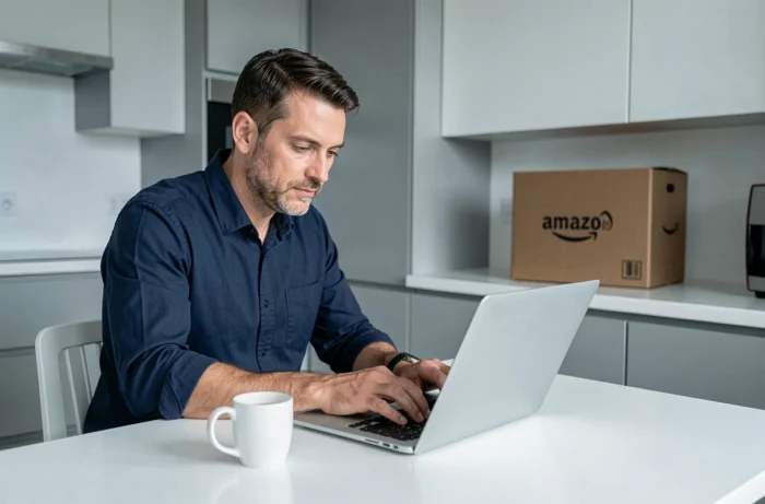 Homme envoyant un e-mail au service client Amazon depuis sa cuisine avec un ordinateur portable