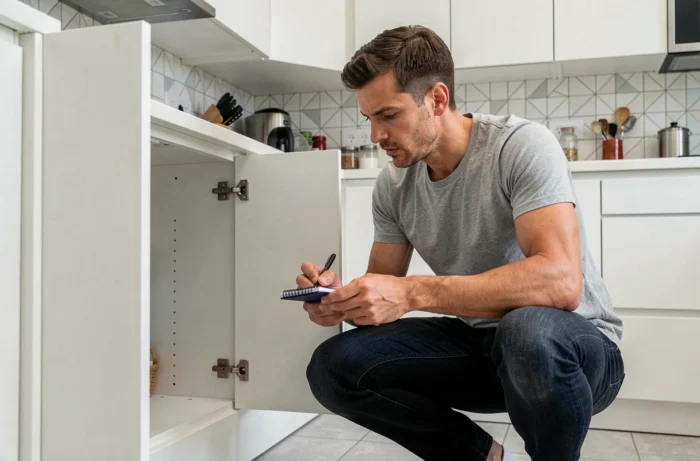 Homme inspectant les fixations d'un meuble de cuisine pour évaluer la qualité de son équipement intérieur