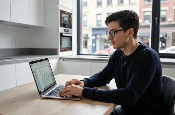 Jeune homme tapant une lettre de motivation de locataire sur un ordinateur portable dans une cuisine d'appartement moderne