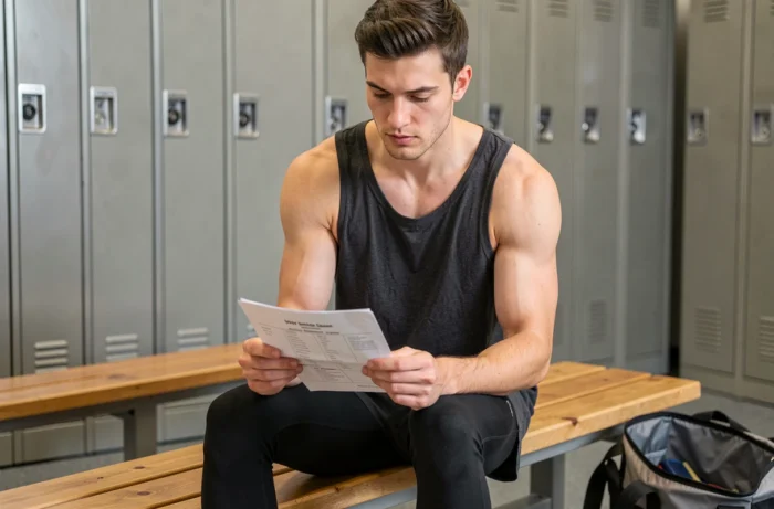 Jeune homme consultant son programme de fitness dans le vestiaire d'une salle de sport avant l'entraînement