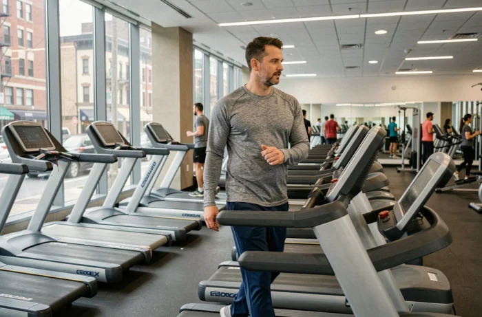 Homme d'âge mûr marchant sur un tapis de course dans une salle de sport lumineuse avec vue sur la ville