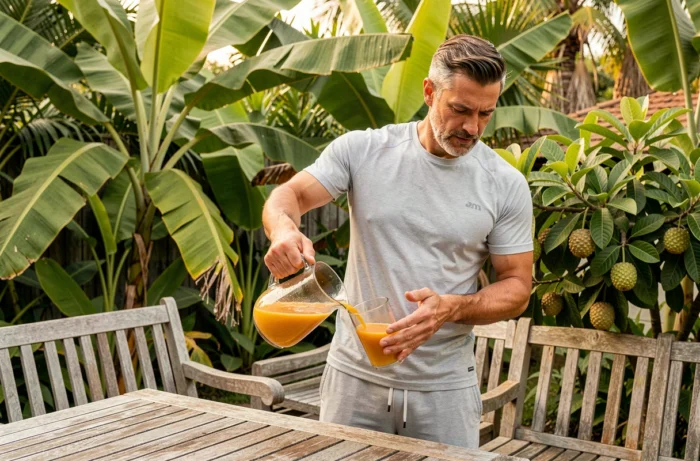 Homme versant du jus de noni frais sur une terrasse tropicale en bois, représentant les bienfaits du noni dans une routine santé sportive