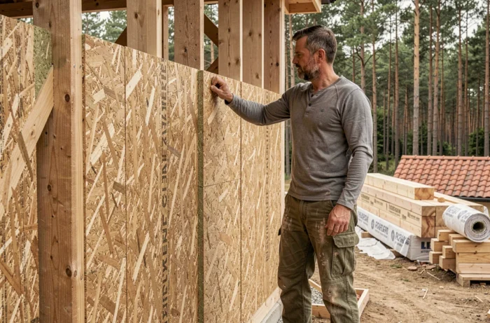 Artisan posant des panneaux d'isolation en fibre de bois sur l'ossature bois d'une maison en écoconstruction entourée de forêt