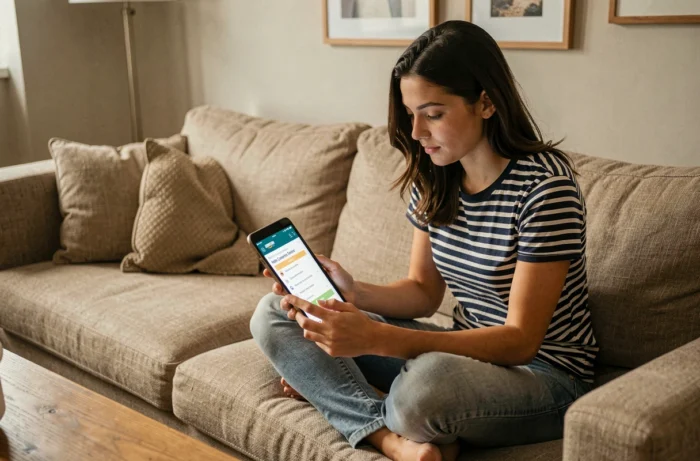 Jeune femme consultant la page d'aide du service client Amazon sur une tablette dans son salon