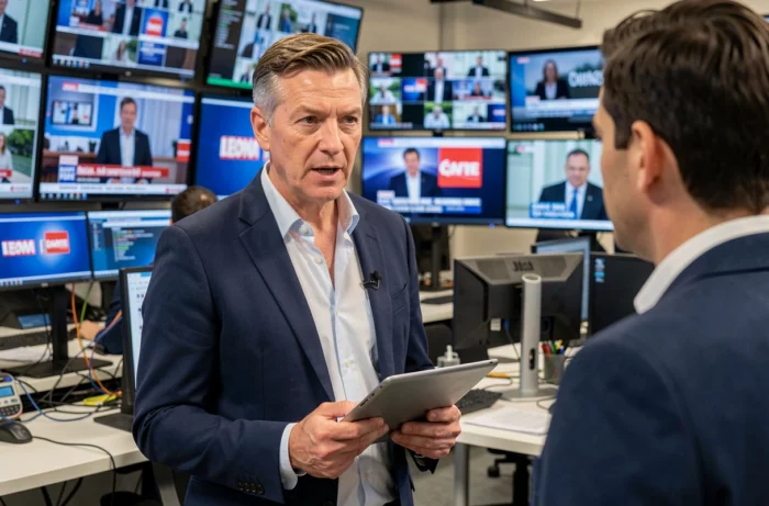 Journaliste de télévision dans une salle de rédaction audiovisuelle française entourée d'écrans de diffusion