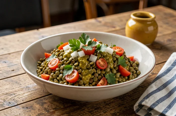Salade tiède de lentilles vertes en vinaigrette moutardée avec échalotes, tomates cerises et persil plat