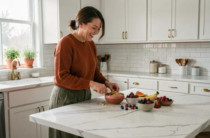 Maman moderne préparant un smoothie bowl coloré dans une cuisine familiale lumineuse et tendance