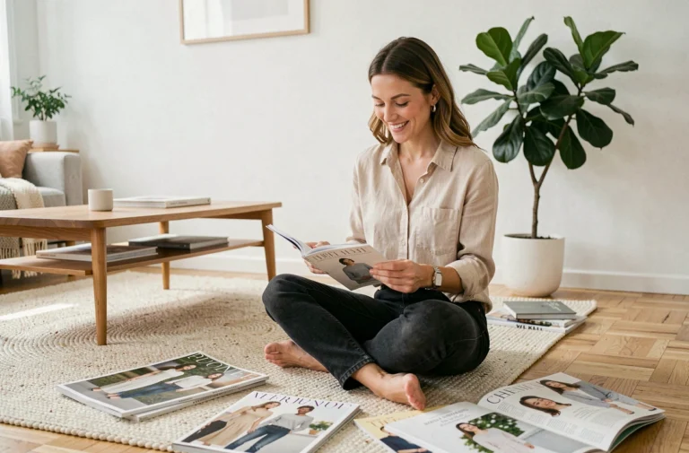Maman trendy assise sur un parquet en bois lisant des magazines de lifestyle dans un salon scandinave moderne