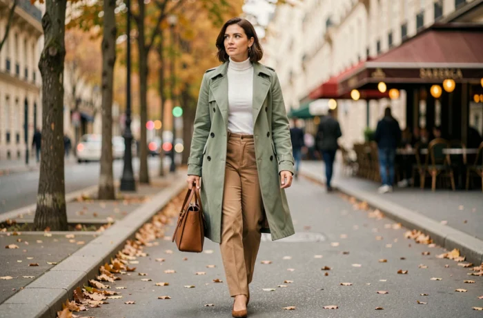 Maman élégante en manteau tendance marchant dans une rue parisienne en automne avec style et assurance