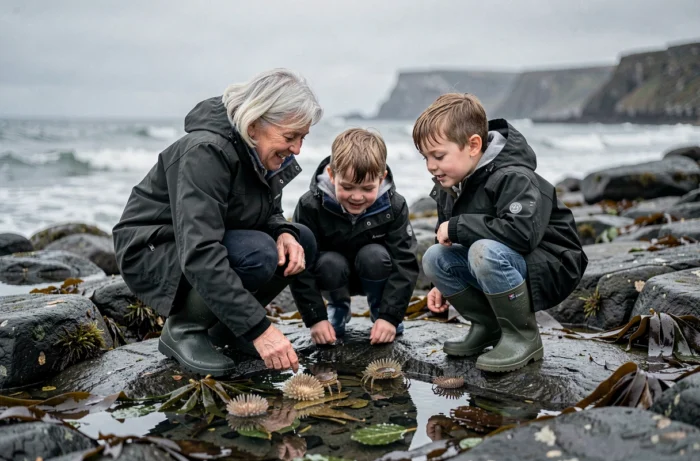 Grand-mère et petits-enfants explorant les rochers de la côte atlantique en vacances de Toussaint