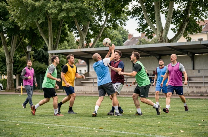 Match de football communautaire intergénérationnel dans un parc municipal français lors d'un événement sportif solidaire