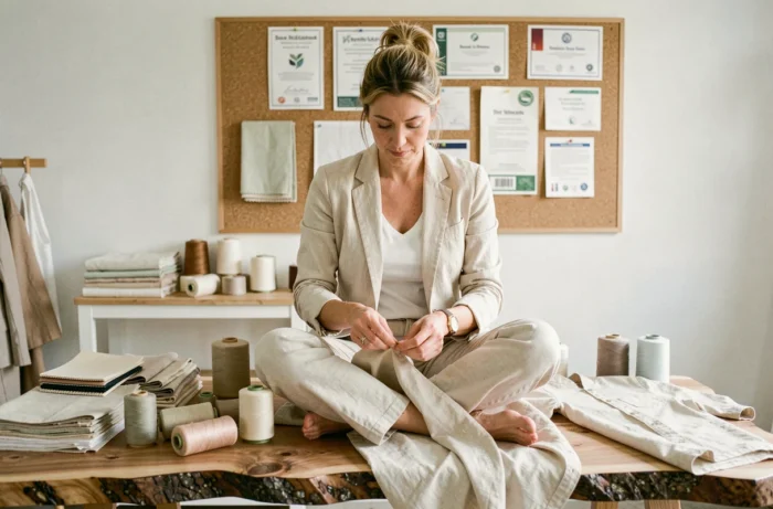 Créatrice de mode éthique inspectant une pièce en tissu deadstock dans un atelier artisanal minimaliste avec certifications durables