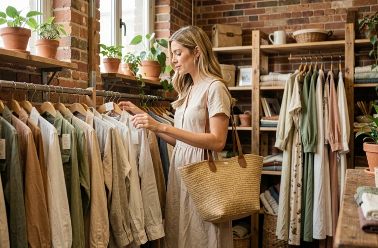 Femme élégante en robe de lin biologique faisant du shopping dans une boutique vintage éco-responsable aux murs en briques apparentes