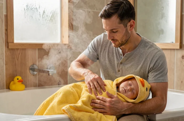 Papa séchant son bébé endormi avec une cape de bain à capuche canard dans la salle de bain