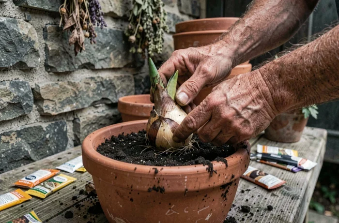 Mains plantant un bulbe de lys dans un pot en terre cuite sur un établi de jardinage en bois