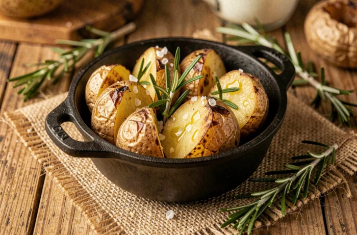 Cocotte en fonte de pommes de terre grenaille rôties dorées au romarin frais et fleur de sel