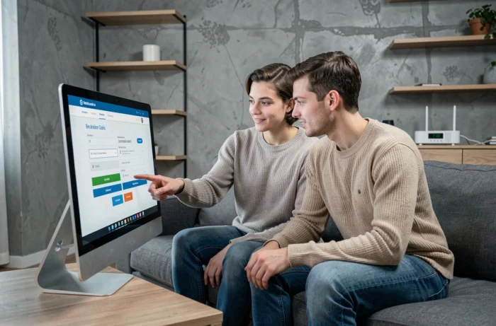 Couple identifiant les différences entre mafreebox et l'espace abonné sur un ordinateur de bureau dans un salon moderne