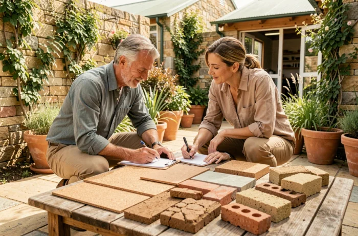 Deux professionnels de l'architecture durable comparant des échantillons de matériaux naturels comme le liège, la terre crue et le chanvre chaux dans une cour extérieure