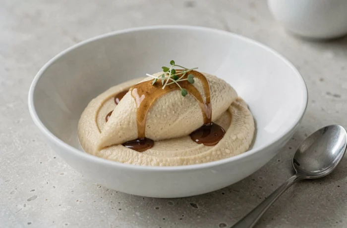 Bol blanc avec une quenelle de purée de céleri-rave onctueuse nappée de beurre noisette et de micro-herbes
