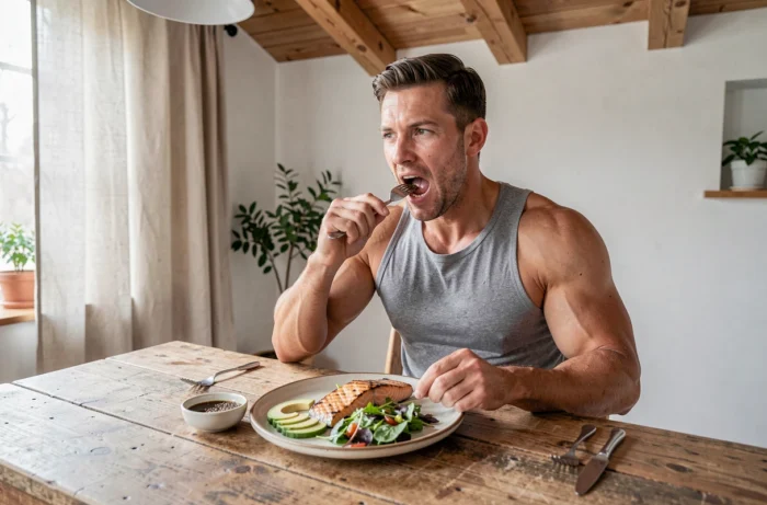 Athlète masculin dégustant un repas riche en huiles saines incluant saumon et avocat pour soutenir la croissance musculaire