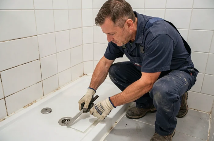 Plombier professionnel retirant un bac de douche acrylique blanc en décollant les joints de silicone avec un pied-de-biche dans une salle de bain carrelée
