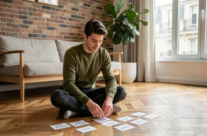 Jeune homme révisant les homophones français salle et sale avec des fiches dans un appartement parisien