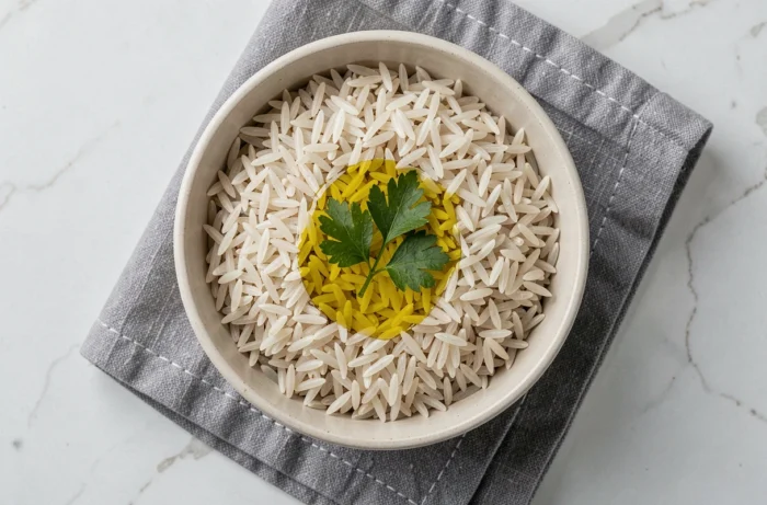Bol de riz basmati semi-complet cuit, grains bien distincts et moelleux, garni d'un brin de persil frais