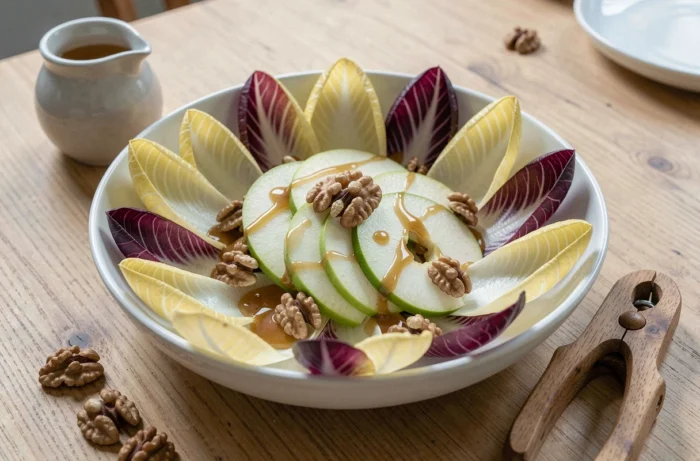 Salade composée d'endives, cerneaux de noix et lamelles de pomme verte dans un bol avec vinaigrette miel-moutarde
