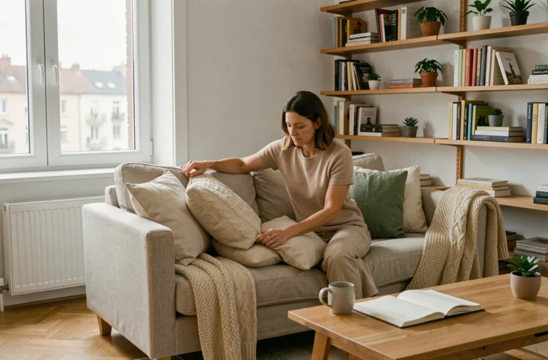 Femme aménageant un salon scandinave confortable et organisé avec des coussins en lin, des plantes et des étagères en bois