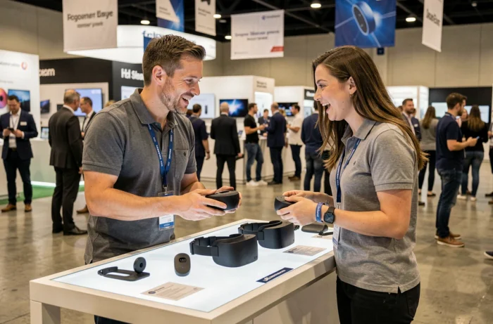 Deux professionnels explorant des casques de réalité augmentée et des objets connectés dans un salon high-tech