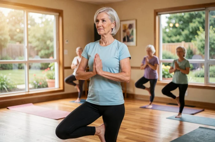 Femme senior pratiquant le yoga dans un centre communautaire lumineux, activité physique douce adaptée aux personnes âgées