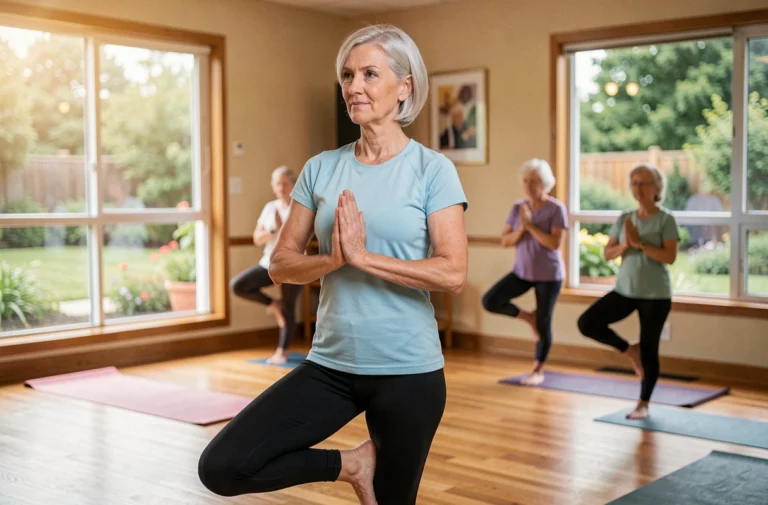 Femme senior pratiquant le yoga dans un centre communautaire lumineux, activité physique douce adaptée aux personnes âgées