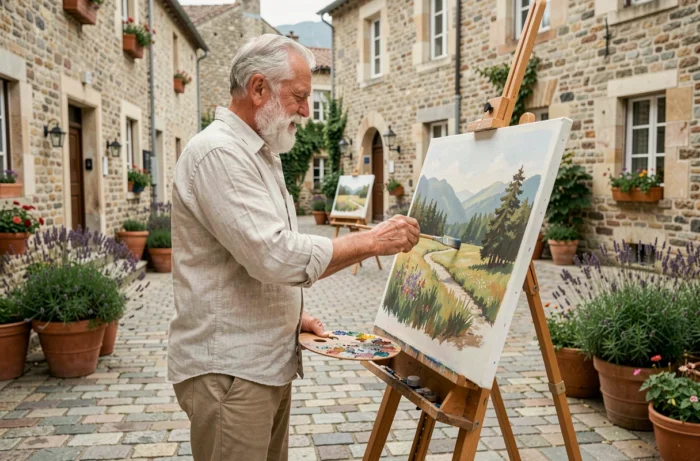 Senior homme peignant en plein air lors d'un atelier artistique en village français, activité créative épanouissante pour les retraités