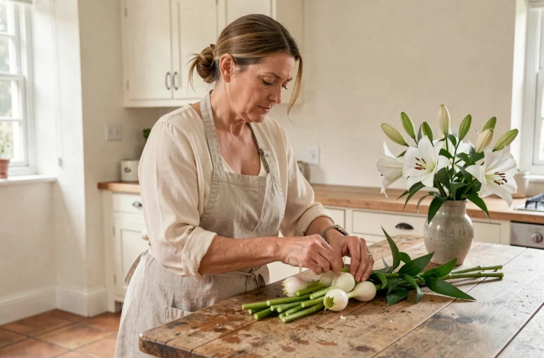Femme séparant des bulbes de lys issus d'un bouquet sur une table en bois dans une cuisine campagnarde