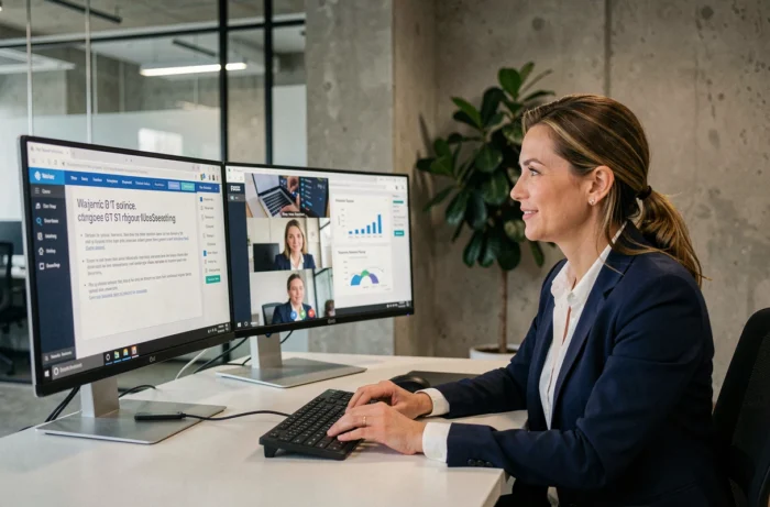 Professionnelle en informatique proposant des services en anglais lors d'un appel vidéo dans un bureau moderne