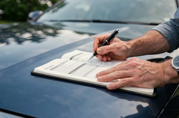 Gros plan de mains signant un contrat d'assurance auto posé sur le capot d'un SUV bleu foncé