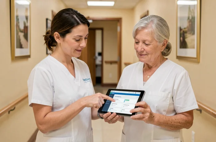 Deux soignantes consultant le logiciel NetSoins sur tablette dans un couloir d'Ehpad Colisée