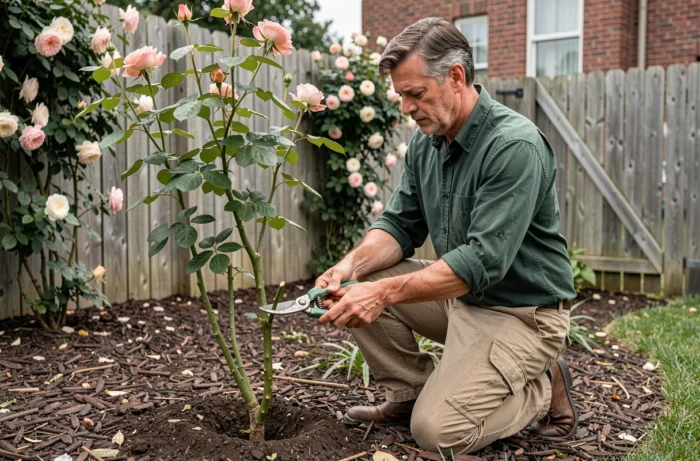 Homme à genoux taillant un gourmand de rosier avec un sécateur propre, dans un jardin de banlieue avec clôture en bois et roses grimpantes